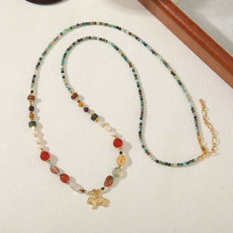 Collier Multirang Vintage Turquoise Africaine Naturelle Perle Eau Douce Pendentif Cheval Cuivre Chaîne Longue Pull Pour Femmes