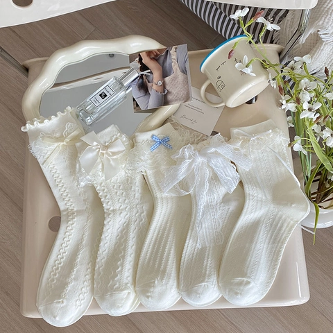 Dames Lolita Sokken Wit Gekamd Katoen Geribbelde Kant Rand Zoete Strik Decoratief Balletcore Ademend Halverwege De Kuit