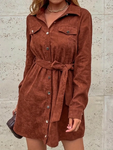 Women Corduroy Shirt Dress Elegant Long Sleeve Button Down Mini Dress With Belt Solid Color Autumn Casual Style