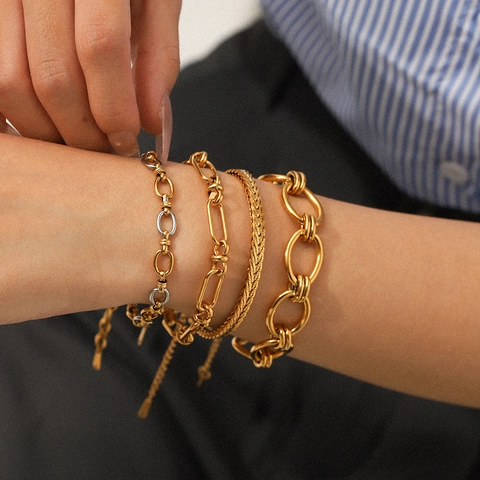 Women 18K Gold Plated Stainless Steel Chain Bracelet Minimalist Ins Style Stackable Geometric Link Jewelry