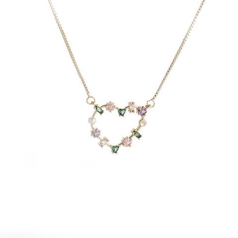 Collar Con Colgante De Corazón Cobre Chapado En Oro Circón Colorido Perla Artificial De Imitación Joyería Elegante