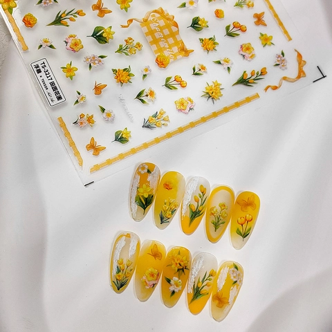 Autocollants Ongles 5D Relief PET 3D Auto Adhésif Jardin Pastoral Fleur Jaune Marguerite Papillon Style Japonais DIY