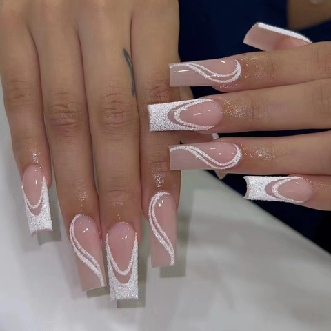 French Style Nude Pink Press On Nails With White Glitter Swirl Long Coffin Shape Artificial False Finger Nails
