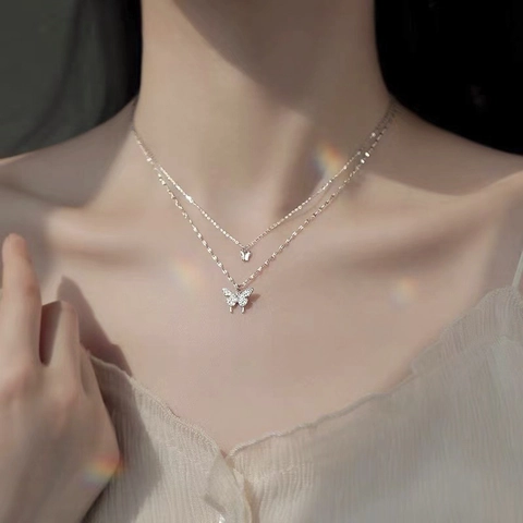 Double Layer Butterfly Necklace Alloy Rhinestone Zircon Clavicle Chain Ins Sweet Luxury Minimalist Jewelry For Women