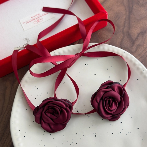 Gargantilla Flor Rosa Tela Rojo Vino Cinta Satén Collar Elegante Francés Vintage Joyería Mujeres