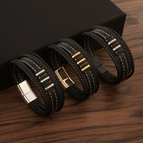 Men Multi Layer Braided Leather Bracelet With Stainless Steel Magnetic Clasp Fashion Handwoven Casual Jewelry