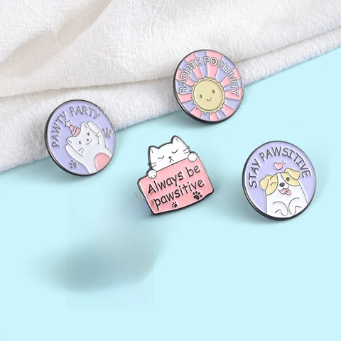 Cute Cartoon Animal Enamel Pin Alloy Brooch Cat Dog Sun Positive Slogan Badge For Clothing Backpack Hat Kawaii Style
