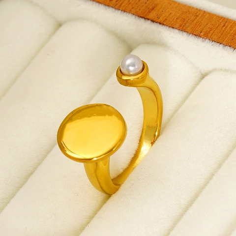 Geometric Open Ring 18K Gold Plated Stainless Steel Faux Artificial Pearl Adjustable Finger Jewelry Minimalist Fashion Women