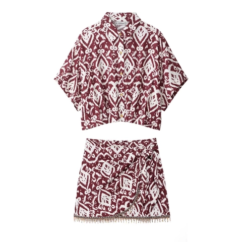 Camisa De Manga Corta Con Estampado Ikat Bohemio Y Minifalda Cruzada Con Borlas De Cuentas Conjunto De Vacaciones