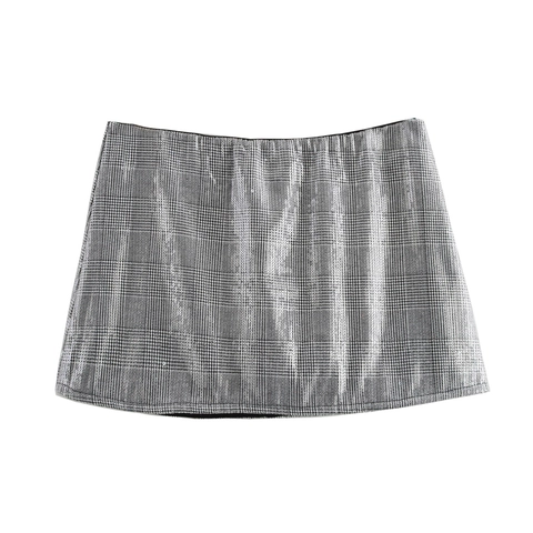 Women Low Waist Sequin Plaid Mini Skirt Pleated Shiny A-Line Short Skirt For Party Night Club Sexy Chic Style