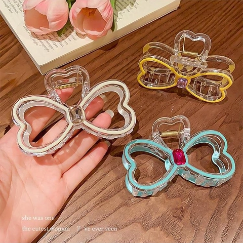 Transparent Acrylic Bowknot Hair Claw Clip Butterfly Shape Shark Clip With Rhinestone For Women Girls Sweet Style