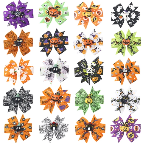 Halloween Kinderen Strik Haarclip Pompoen Geest Spin Patroon Grosgrain Lint Barrettes Voor Peuter Meisjes Festival