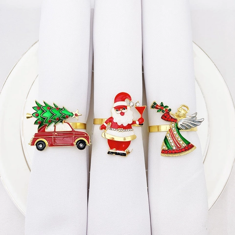 Anillos Para Servilletas De Navidad Aleación Metal Reno Copo De Nieve Árbol Estrás Esmalte Accesorios Decorativos De Mesa