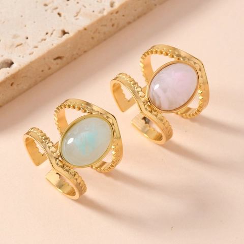 Bague Ouverte de Style Bohème Vintage en Acier Inoxydable pour Femme Style de Palais Pierre Naturelle Ovale Double Ligne Bijoux Réglables