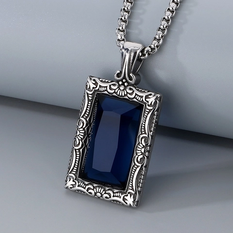 Retro Quadratischer Edelstein Anhänger Halskette Vintage Gravierter Titanstahl Hip Hop Punk Schmuck Für Herren