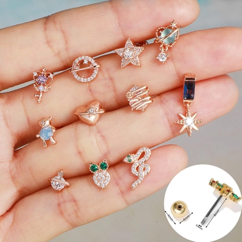 Cartilage Stud Earrings Gold Plated Brass Zircon Animal Planet Chic Dainty Jewelry With Stainless Steel Earring Post