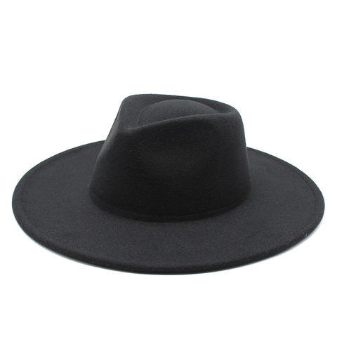 Vintage Wide Flat Brim Fedora Hat Woolen Felt Jazz Cap Solid Color Elegant Retro Fashion Accessory Unisex