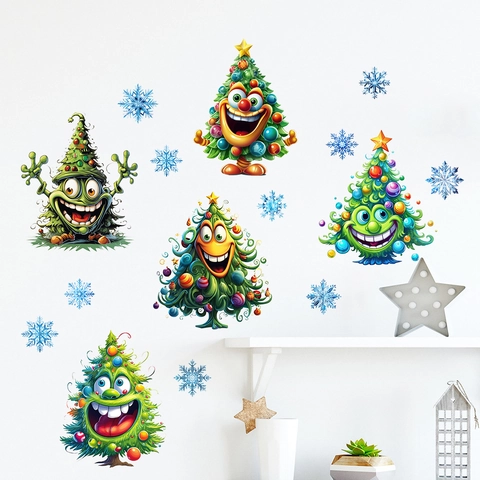 Christmas Tree Wall Sticker Cartoon Smile Face Snowflake PVC Self-Adhesive Waterproof Holiday Home Decor