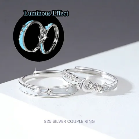 Anillos de Pareja Luminosos de Plata de Ley 925 para Mujer Hombre Románticos Estrella Luna Incrustaciones de Circonia Anillos Abiertos Ajustables