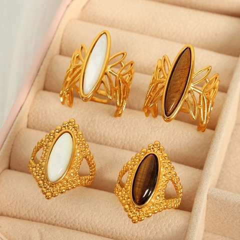 Vintage Bohemian Stainless Steel Open Ring For Women Gold Plated Tiger's Eye White Shell Adjustable Fashion Jewelry Ring