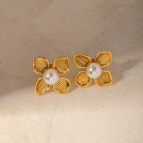 Vintage Orecchini a Bottone a Fiore in Acciaio Inossidabile Con Perla Artificiale Oro Elegante Gioielli Donna Accessorio