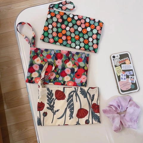 Vintage Floral Cotton Canvas Wristlet Bag For Women Retro Pastoral Zipper Phone Pouch Small Handheld Storage Wallet