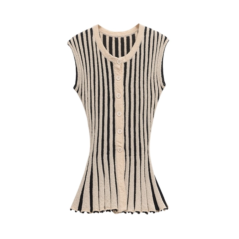 Women Knitted Striped Sleeveless Vest And Wide Leg Flare Pants Elegant Top And Bottom Striped Knitted Co-ords Daily Outfit