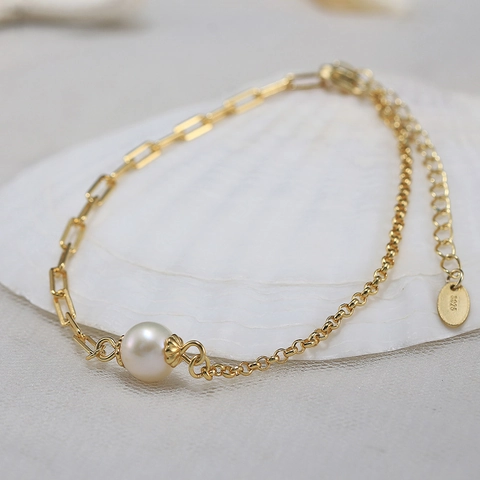 Pulsera de Plata de Ley S925 Chapada en Oro Con Perla de Agua Dulce para Mujer Collar de Cadena de Clip Minimalista Joyería