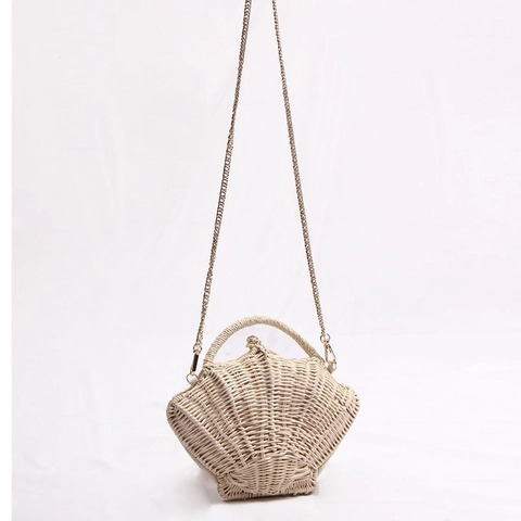 Bolso De Hombro Tejido De Paja Para Mujer Forma De Concha Con Cadena De Metal Ratán Vacaciones Playa Verano Estilo