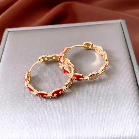 Vintage Varkensneus Link Hoop Oorbellen 18K Verguld Koper Rood Emaille Zirkonia Met Zilveren Oorsteker Voor Vrouwen
