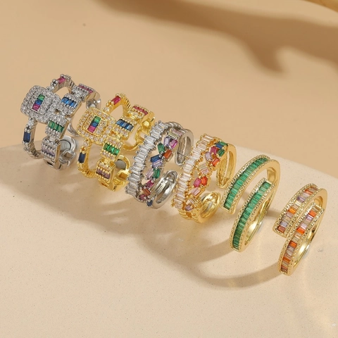 Double Layer Geometric Ring Copper With Colorful Cubic Zirconia Adjustable Open Band Luxury Fashion Jewelry For Women
