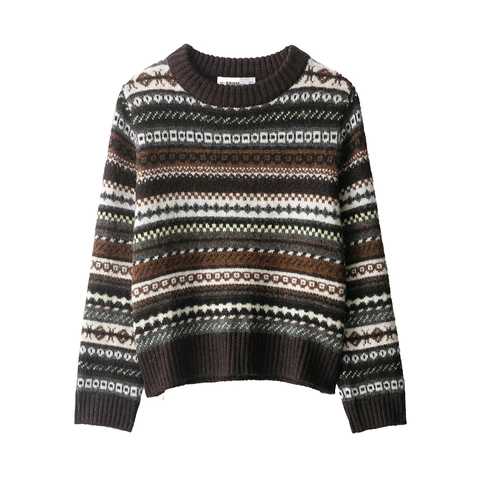 Jersey Mujer Vintage Fair Isle Cuello Redondo Manga Larga Punto Jacquard Geométrico Casual Invierno