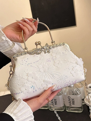 Women Evening Clutch Bag 3D Flower Lace Sequin Handbag With Metal Handle And Chain Strap For Wedding Party Prom