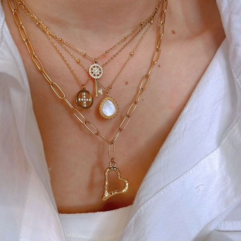 Collana con Pendente in Acciaio Inossidabile per Donna Elegante Cuore Serratura Croce Goccia Strass Intarsio Conchiglia