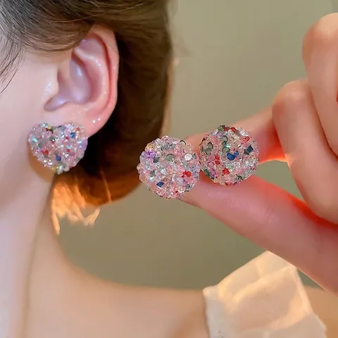 Colorful Rhinestone Round Heart Stud Earrings With Silver Earring Post Shiny Resin Candy Color Jewelry For Women