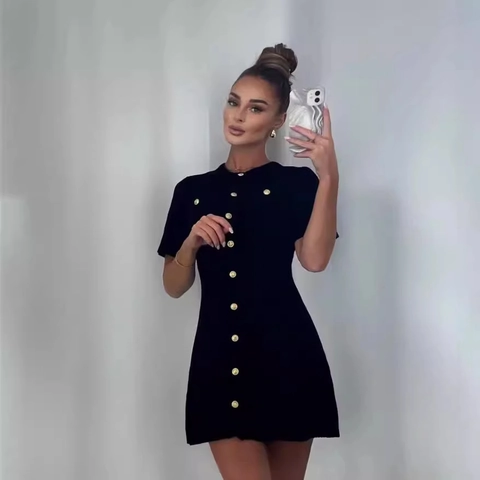 Knit Mini Dress Short Sleeve Golden Button Single Breasted Round Neck Elegant Slim Fit Chic Bodycon Polyester Women