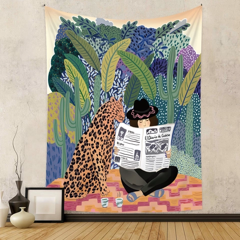 Arazzo Da Parete Artistico In Poliestere Motivo Giungla Leopardo Tigre Donna Che Legge Decorazione Camera Soggiorno Stile Ins