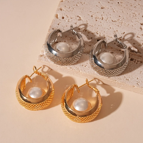 Pendientes De Aro En Forma De C Con Textura De Malla E Imitación De Perla Artificial Y Poste De Plata De Ley 925 Para Mujer Elegante