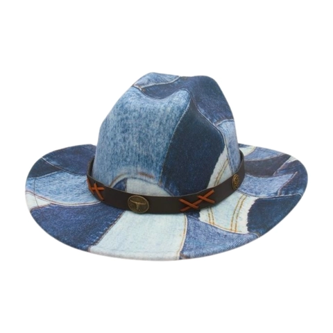 Cappello Da Cowboy Denim Patchwork Con Cinturino In Pelle Testa Di Toro Metallo Retro Jazz Fedora Uomo Donna