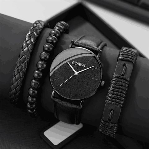 Fashion Men's Sports Quartz Watch Bracelet Set Casual Leather Strap Alloy Case Wristwatch Gift For Men Business Daily
