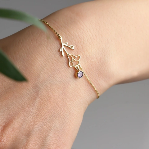Bracelet Fleur De Naissance Acier Inoxydable Zircon Pierre De Naissance Pendentif Floral Creux Bijoux Rétro Pour Femmes Doré