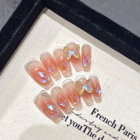 Handgefertigte Künstliche Nägel Sargform Katzenauge Blush Rosa Mit Schmetterling Schleife Strass Glitzer Fee Stil