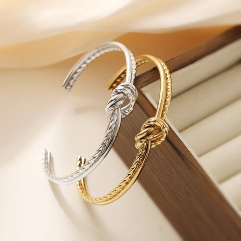 Minimalist Knot Open Cuff Bracelet Stainless Steel Twisted Rope Design Adjustable Fashion Jewelry For Women