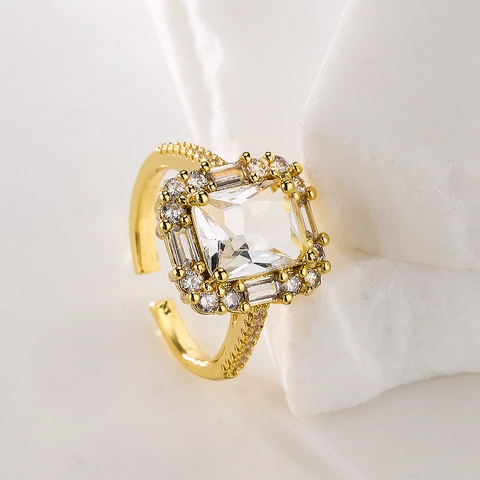 Luxury Retro Square Emerald Cubic Zirconia Open Adjustable Ring Copper 18K Gold Plated Jewelry For Women Gift