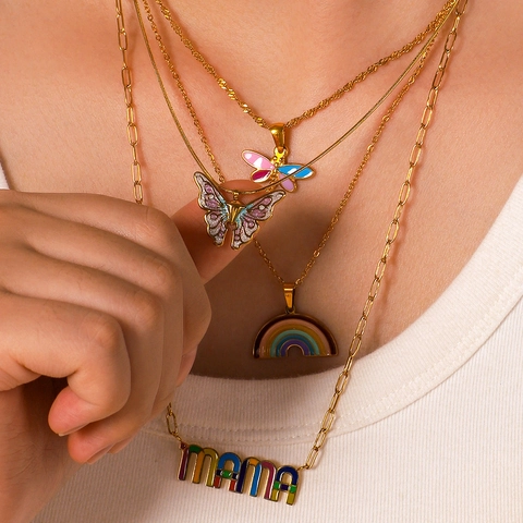 Collier Pendentif Papillon Arc-En-Ciel Maman Cœur Acier Inoxydable Plaqué Or 18K Émail Zircon Bijoux Minimalistes