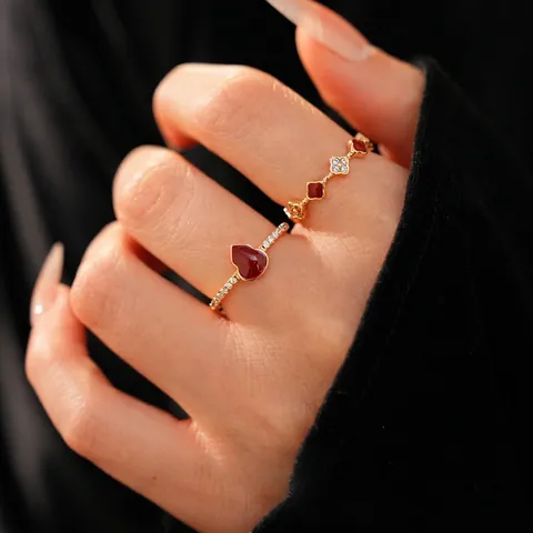 Calabash Verstellbarer Ring Kupfer Mit 18K Gold Beschichtung Rote Emaille Und Zirkonia Vintage Schmuck Für Damen