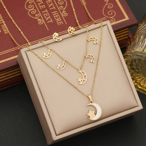 Collana A Doppio Strato E Orecchini Acciaio Inossidabile Placcato Oro Cuore Stella Luna Farfalla Strass Gioielli Moda Donna