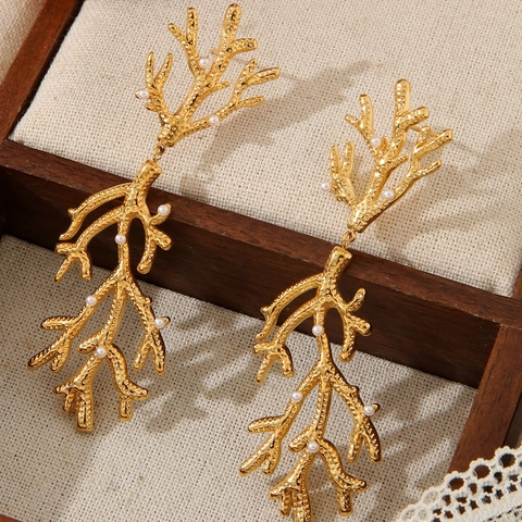 Vintage 18K Placcato Oro Acciaio Inossidabile Ramo Di Corallo Bracciale Rigido E Orecchini Di Künstliche Perle Per Donne Retrò