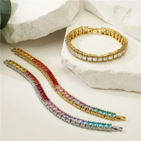 Pulsera de Tenis de Lujo de Cobre con Circonia para Mujer Pulsera Incrustada de Circonia Blanca de Arco Iris de Corte Cuadrado Joyería