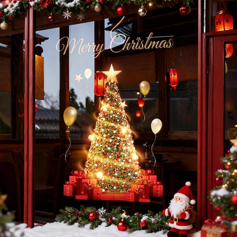 Christmas Tree Window Sticker Merry Christmas Gold Red PVC Electrostatic Static Cling Double Sided Shop Glass Door Decor